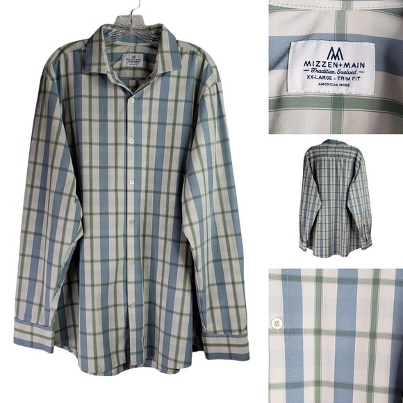 Mizzen+Main Men’s XXL Trim Fit Long Sleeve Button Down Shirt Plaid Blue - Picture 1 of 10